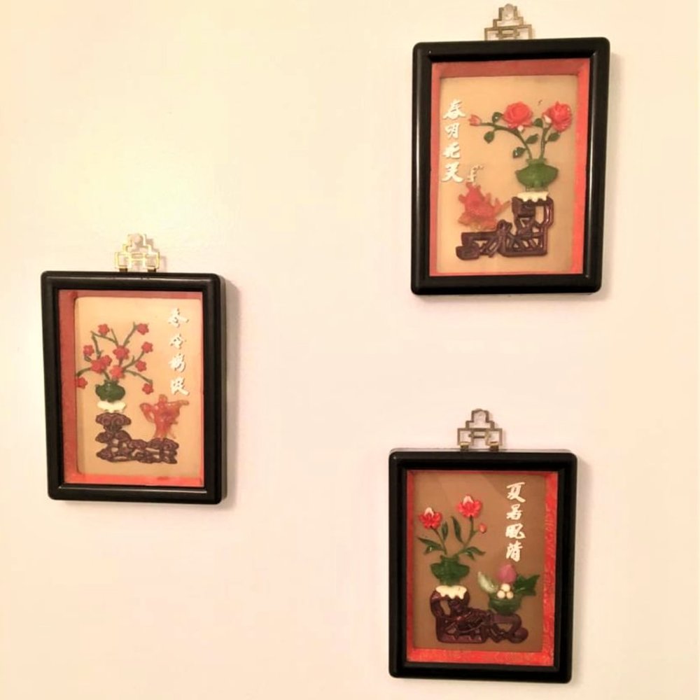 Vintage Chinese Faux Jade Lacquered Shadow Box 3pc